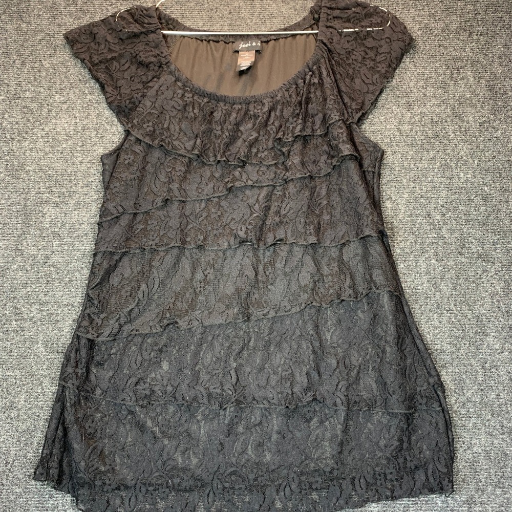 Joei & i Lace Ruffle Tiered Top L Black Whimsigoth Goth Fairy Grunge Romantic